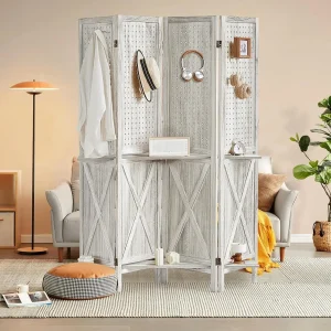 Room Divider with Shelves Folding Wood Carved Screen